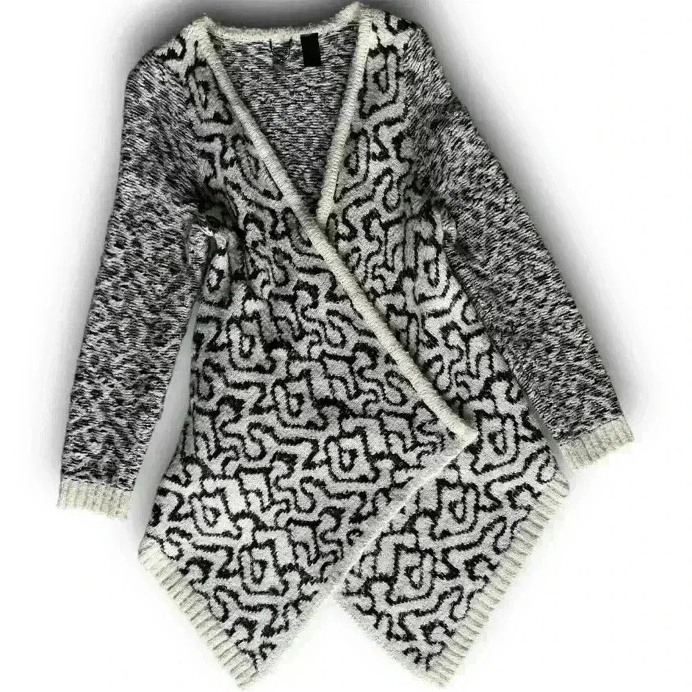 Wool blend knit open front cardigan geometric‎ artsy pattern sweater waterfall m
